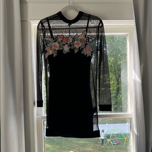 All Saints Black Floral Mesh Long Sleeve Dress